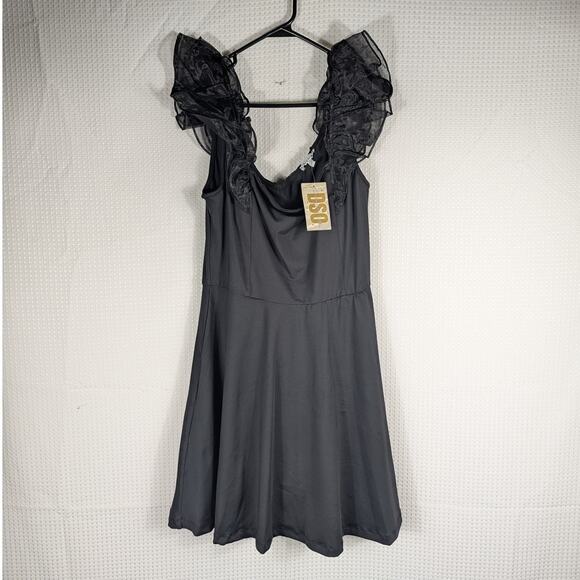 White Birch L Black Organza Ruffle Sleeve Knit Dress NWT Party Evening Casual - Picture 1 of 5